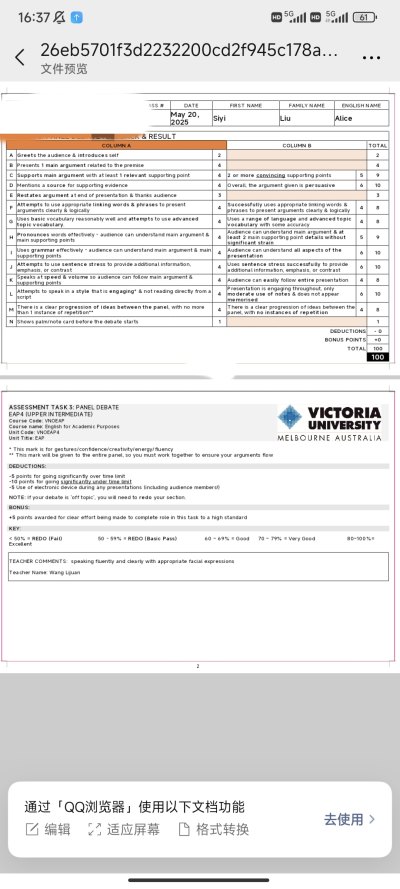 2025年维多利亚大学口语考试，取得满分