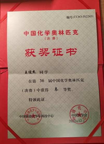 中国化学奥林匹克竞赛决赛铜奖